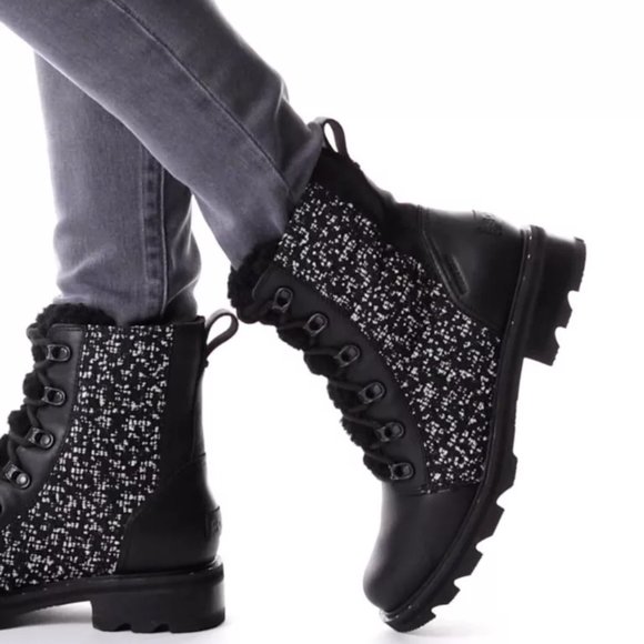SOREL Lennox Lace Waterproof Shearling BOOTS Size 6.5 Black Leather NEW $200 - Picture 2 of 12